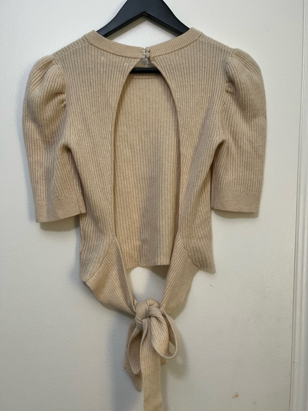 Reformation Tan Cashmere Ribbed Knit Open Back Puff Sleeve Alida Sweater Sz. S - Picture 4 of 12